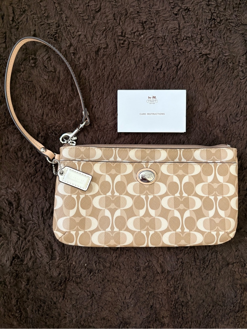Coach Signature Leather Wristlet Clutch in Beige